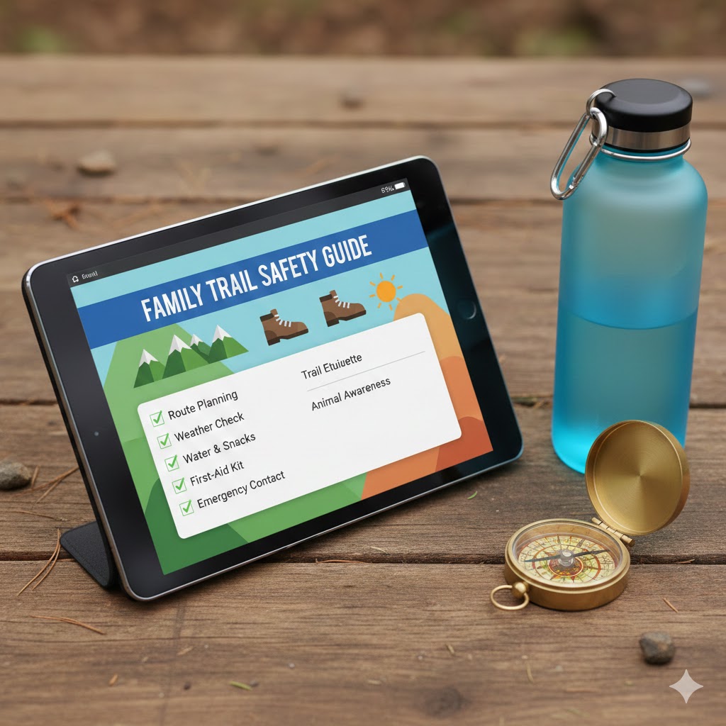 TrailMapper Adventure Trail Safety Guide mockup displayed on tablet