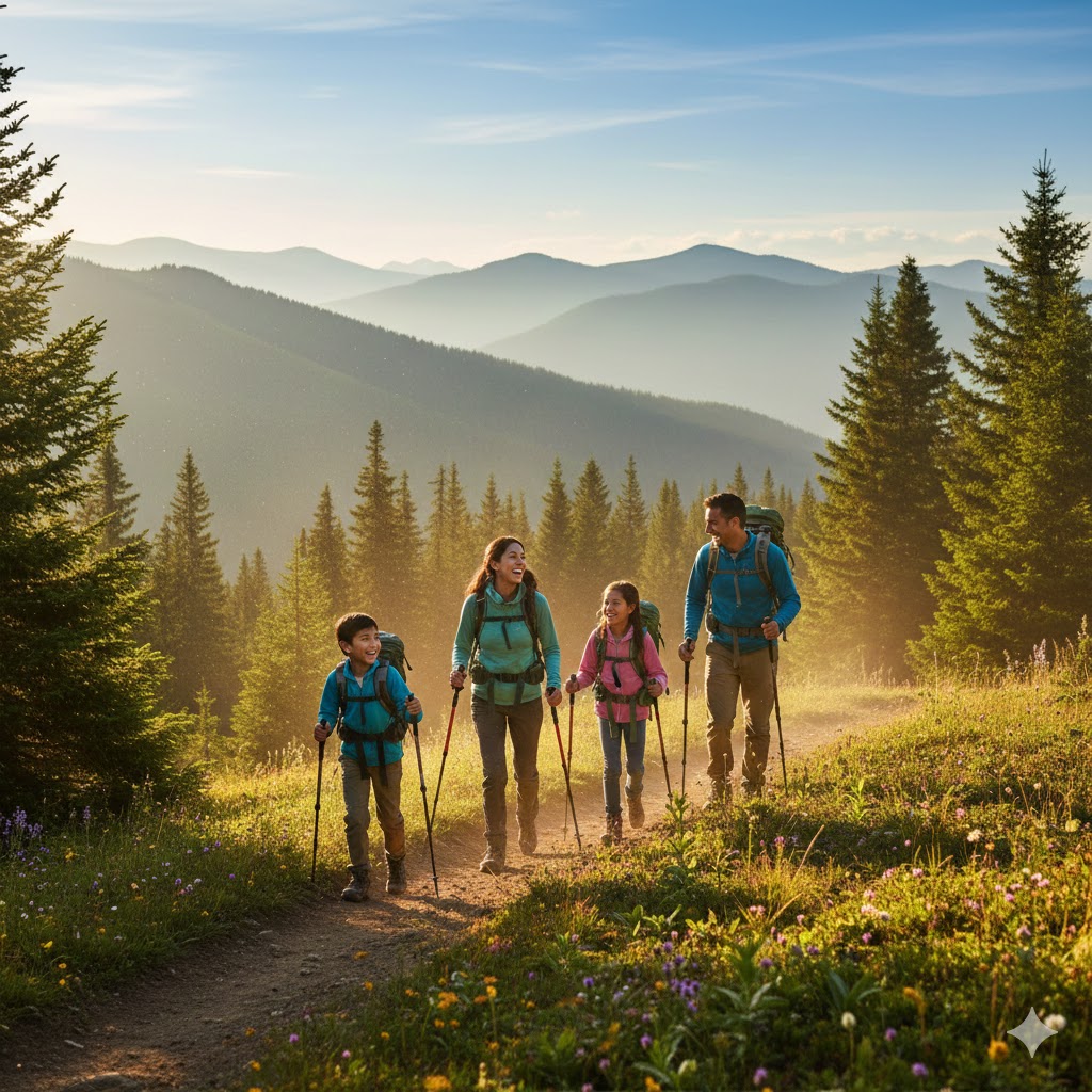Active adventurers hiking on a scenic mountain trail with TrailMapper app displayed on smartphone